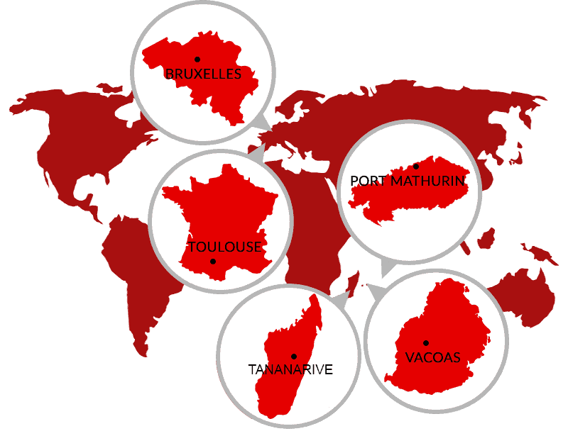 Carte des implantations Assistance Virtuelle : Toulouse, Bruxelles, Tananarive, Vacoas et Port Mathurin