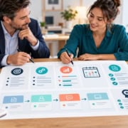 Dirigeant et assistantes définissant les tâches, les volumes, les délais et les critères de qualité d’un secrétariat externalisé.
